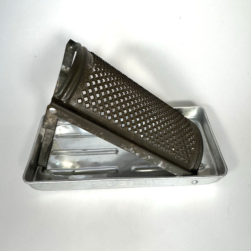 Vintage Brevettata Curved Cheese Grater Metal W/ Attached Tray Fold Up Italy